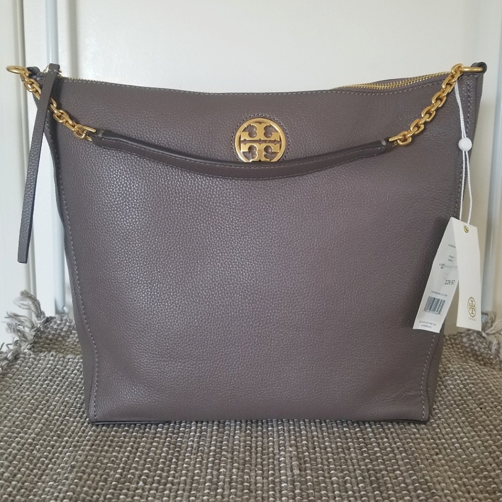 NWT Tory Burch Tote Leather Gray Taupe with Gold